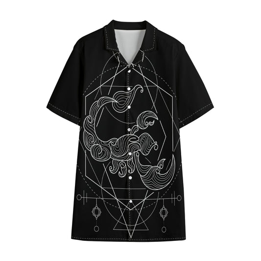 Black And White Scorpio Sign Print Cotton Hawaiian Shirt