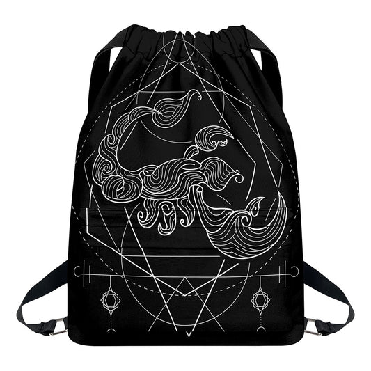 Black And White Scorpio Sign Print Drawstring Backpack