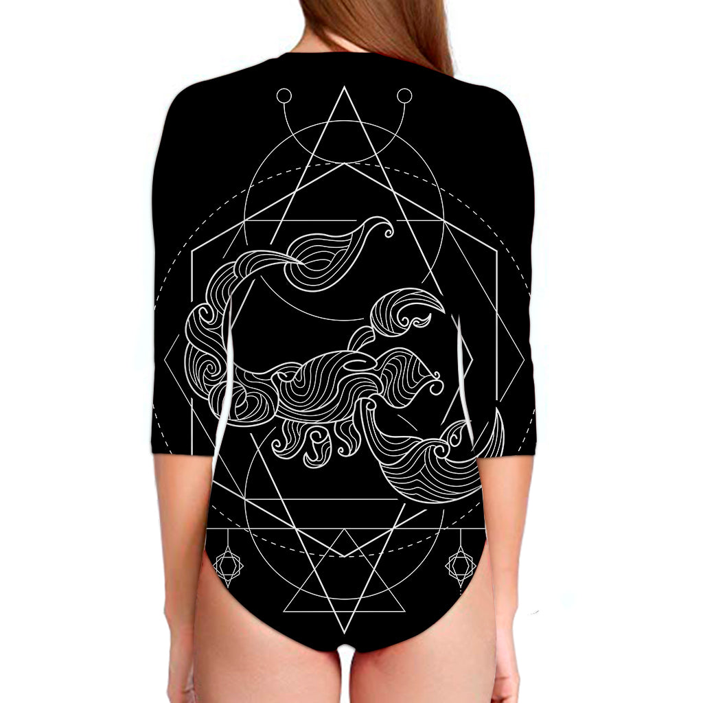 Black And White Scorpio Sign Print Long Sleeve Swimsuit