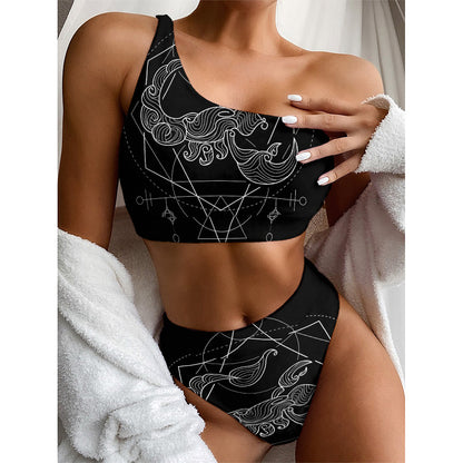 Black And White Scorpio Sign Print One Shoulder Bikini Top