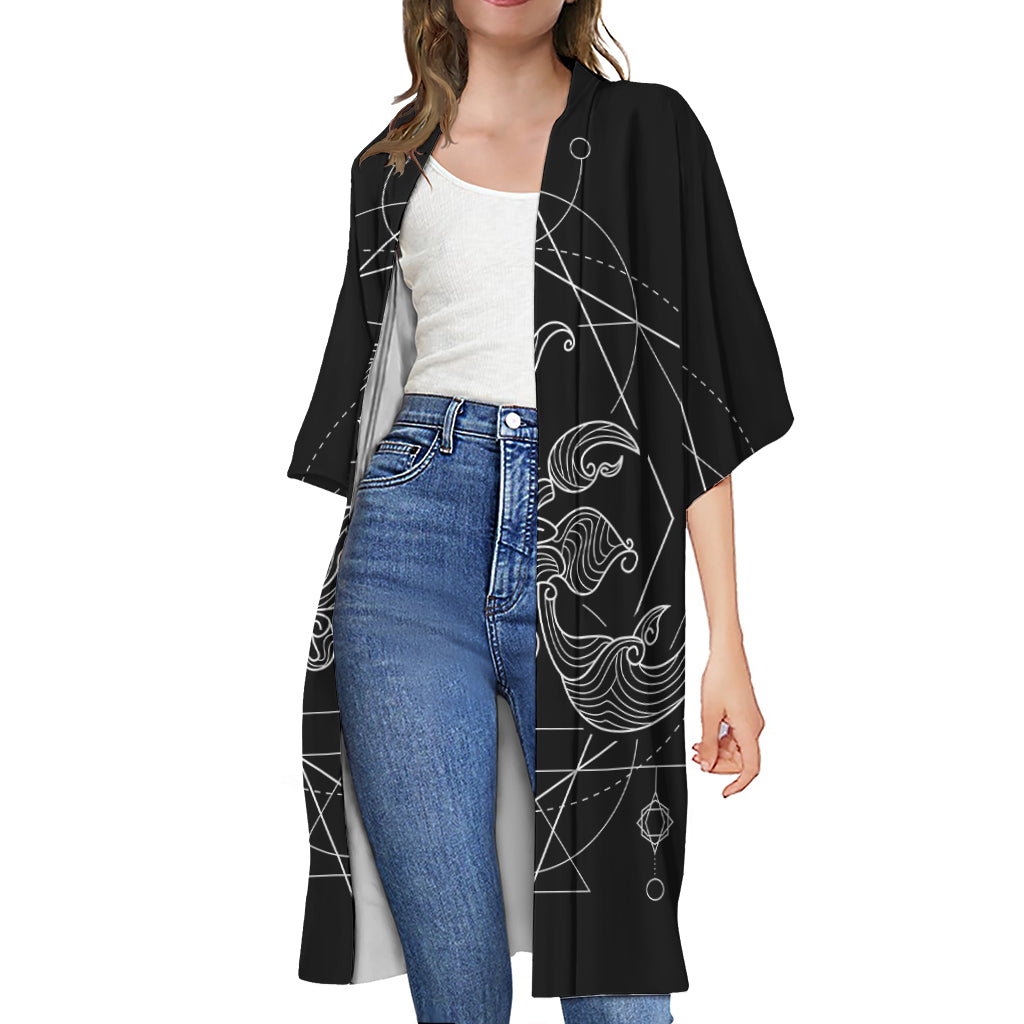 Black And White Scorpio Sign Print Open Front Beach Cover Up