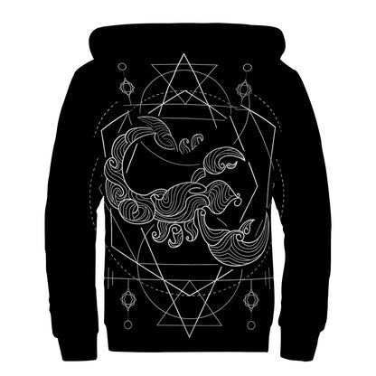 Black And White Scorpio Sign Print Sherpa Lined Zip Up Hoodie