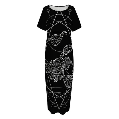 Black And White Scorpio Sign Print Short Sleeve Long Nightdress