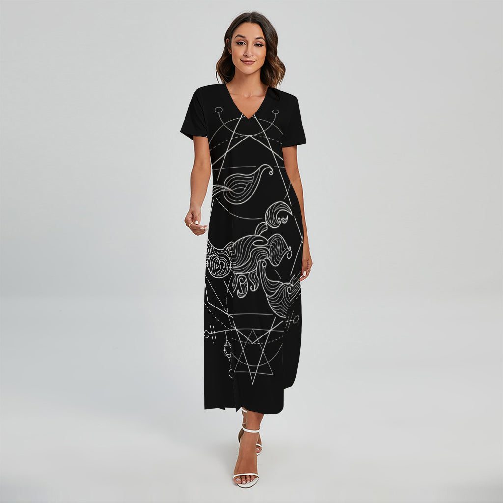 Black And White Scorpio Sign Print Short Sleeve Maxi Dress