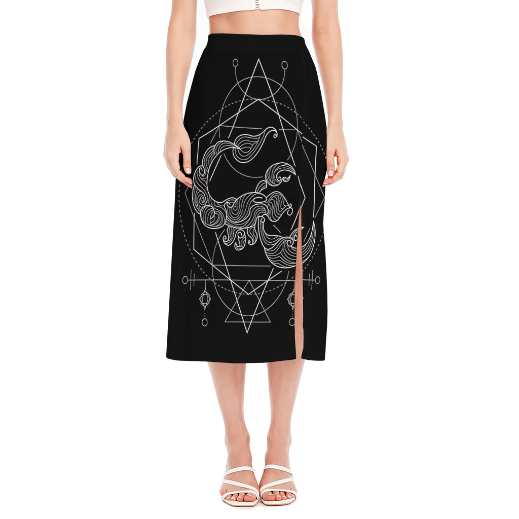 Black And White Scorpio Sign Print Side Slit Midi Skirt