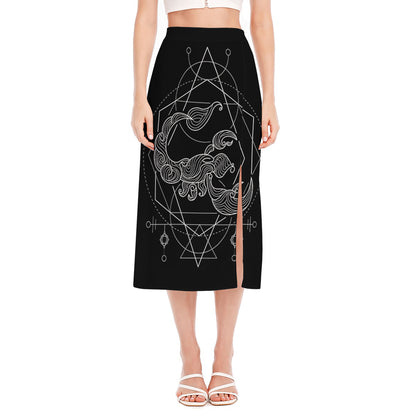 Black And White Scorpio Sign Print Side Slit Midi Skirt