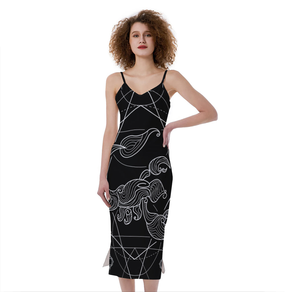 Black And White Scorpio Sign Print Slim Fit Midi Cami Dress