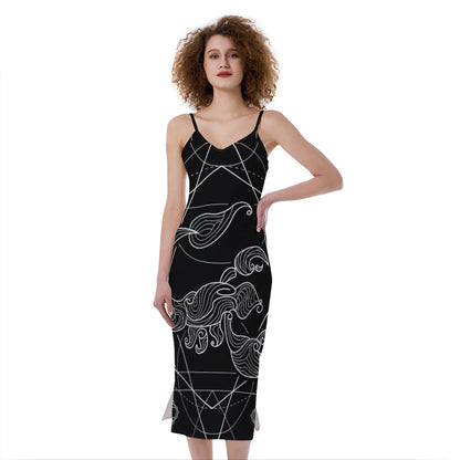 Black And White Scorpio Sign Print Slim Fit Midi Cami Dress