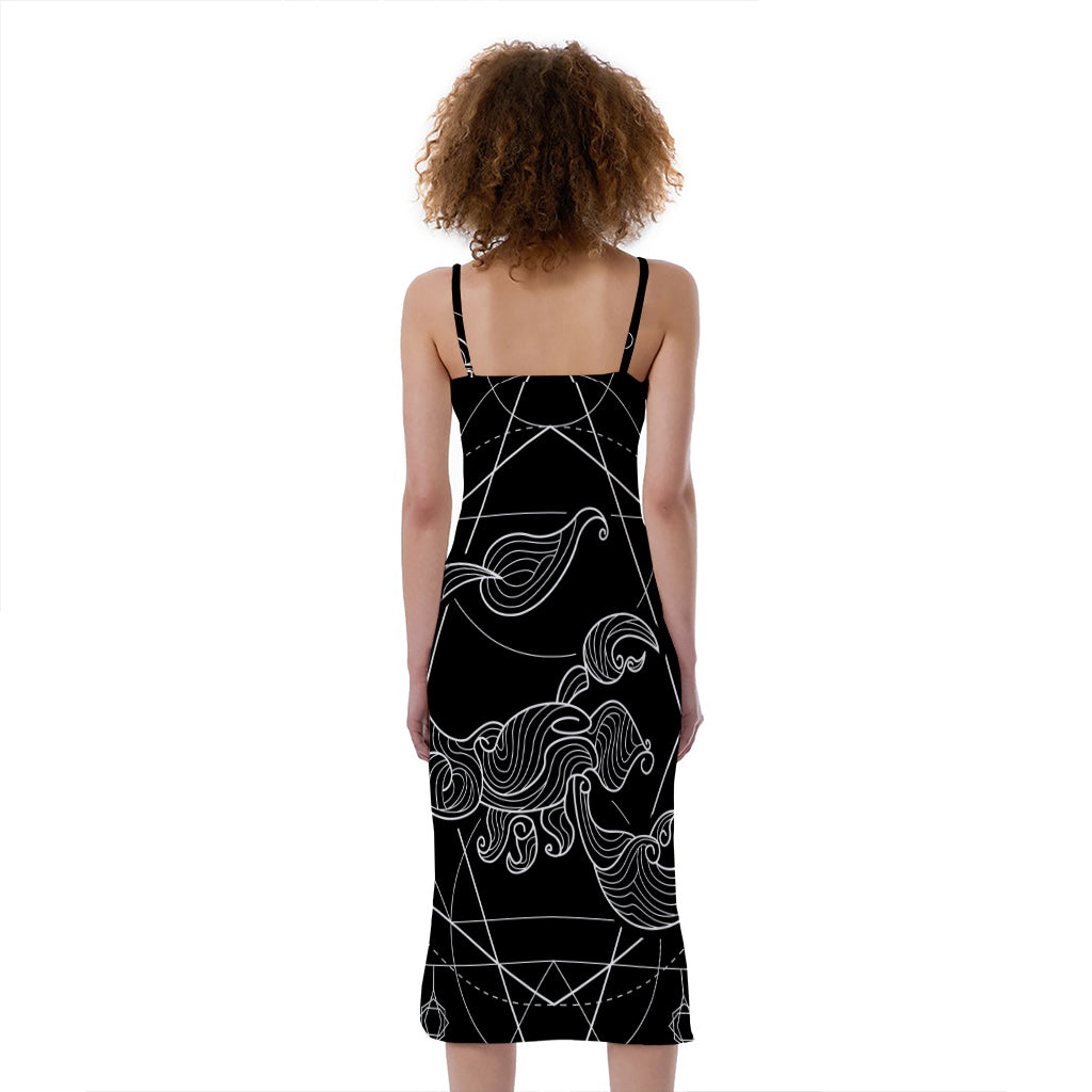 Black And White Scorpio Sign Print Slim Fit Midi Cami Dress