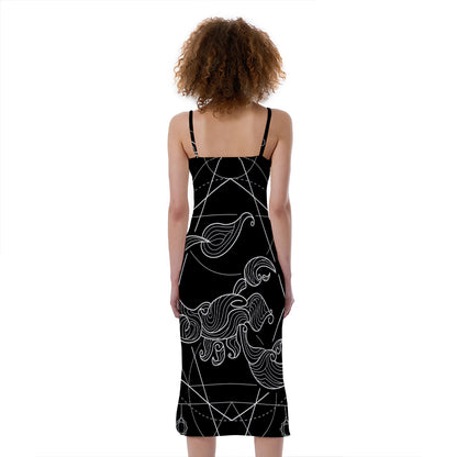 Black And White Scorpio Sign Print Slim Fit Midi Cami Dress