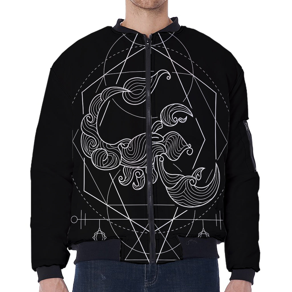 Black And White Scorpio Sign Print Zip Sleeve Bomber Jacket