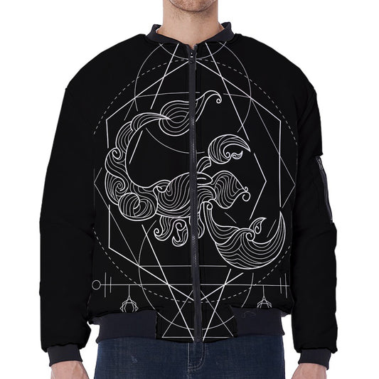 Black And White Scorpio Sign Print Zip Sleeve Bomber Jacket