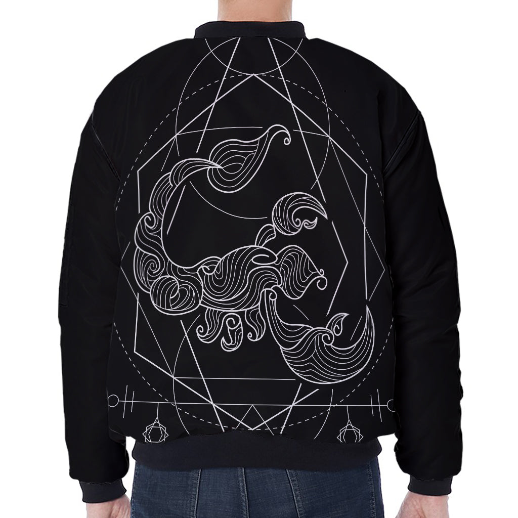 Black And White Scorpio Sign Print Zip Sleeve Bomber Jacket
