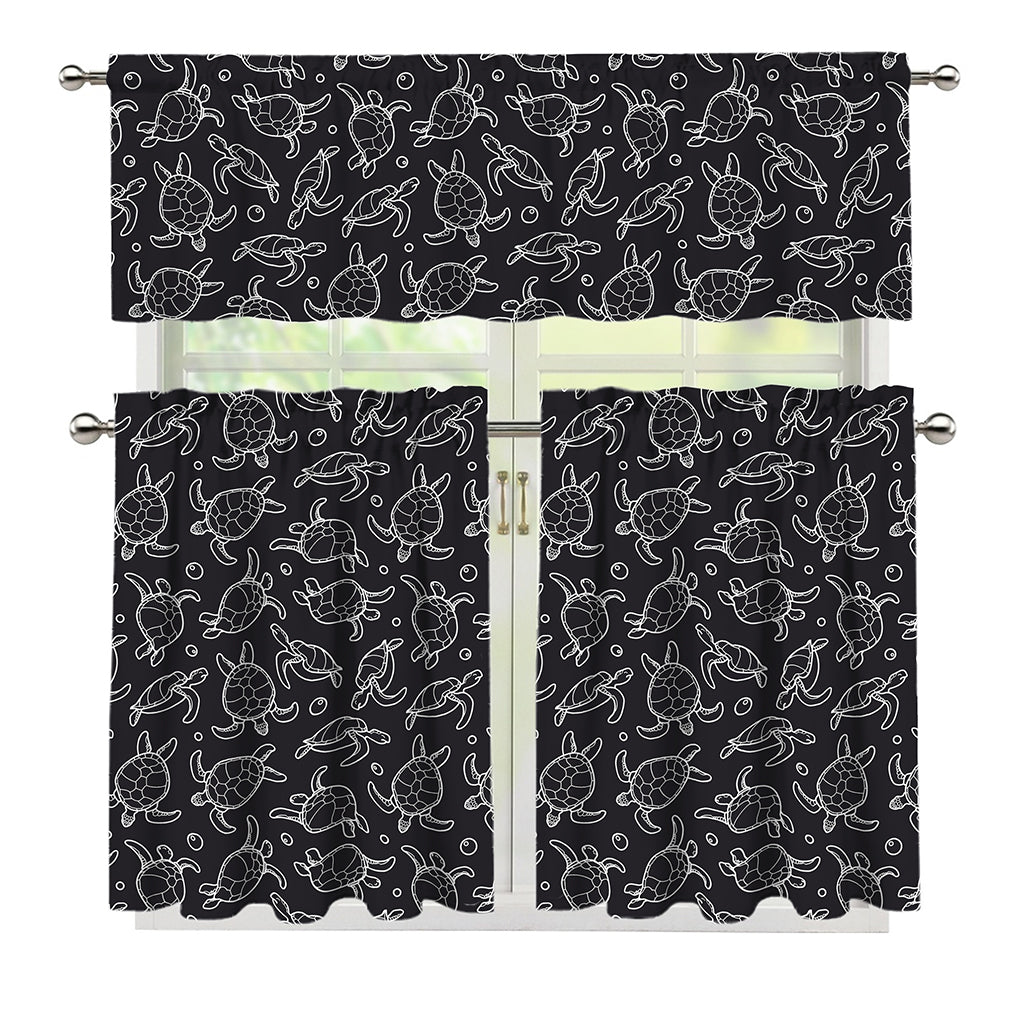 Black And White Sea Turtle Pattern Print 3 Piece Kitchen Curtains