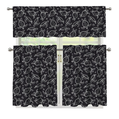 Black And White Sea Turtle Pattern Print 3 Piece Kitchen Curtains