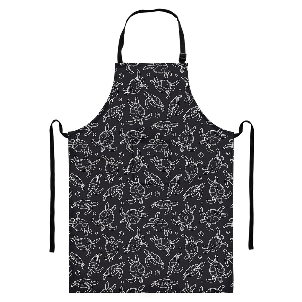 Black And White Sea Turtle Pattern Print Bib Apron With Pocket