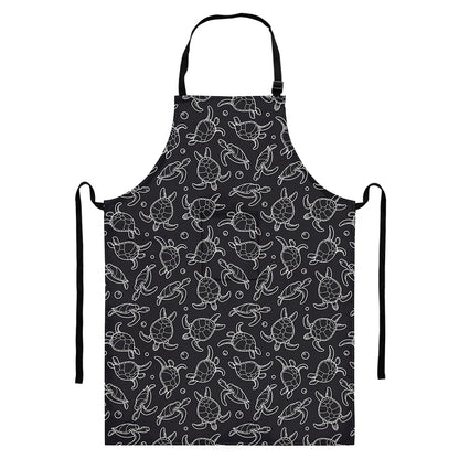 Black And White Sea Turtle Pattern Print Bib Apron With Pocket