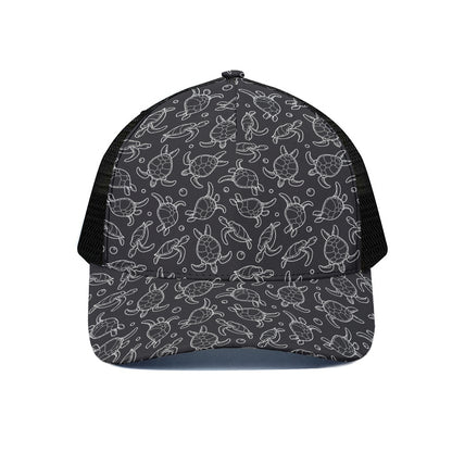 Black And White Sea Turtle Pattern Print Black Mesh Trucker Cap