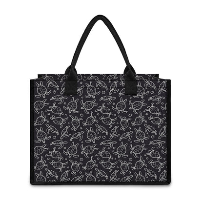 Black And White Sea Turtle Pattern Print Canvas Tote Bag