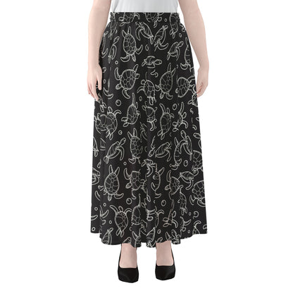 Black And White Sea Turtle Pattern Print Chiffon Maxi Skirt