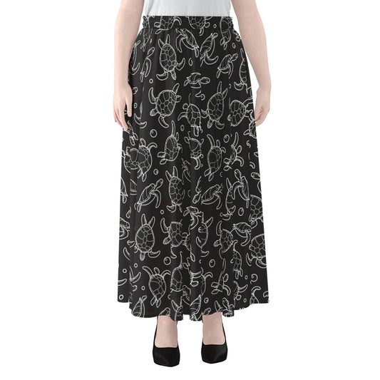 Black And White Sea Turtle Pattern Print Chiffon Maxi Skirt