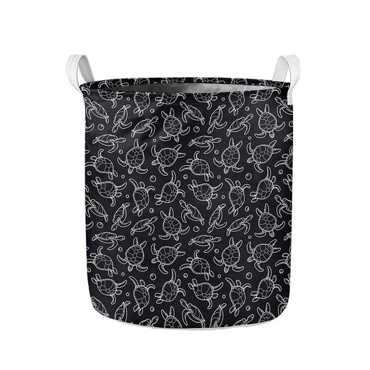 Black And White Sea Turtle Pattern Print Collapsible Laundry Basket
