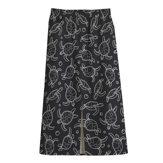 Black And White Sea Turtle Pattern Print Cotton Front Slit Maxi Skirt