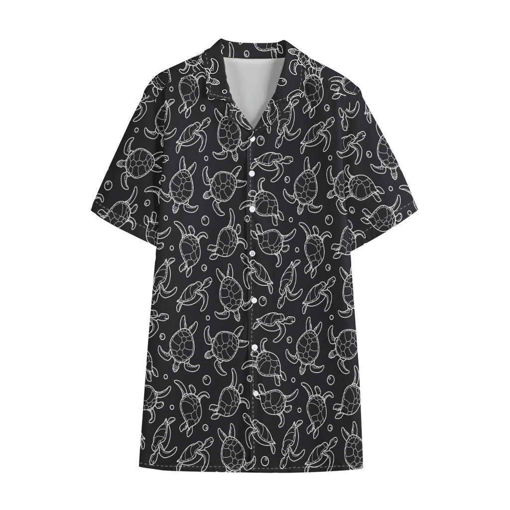 Black And White Sea Turtle Pattern Print Cotton Hawaiian Shirt
