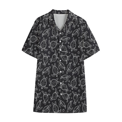 Black And White Sea Turtle Pattern Print Cotton Hawaiian Shirt