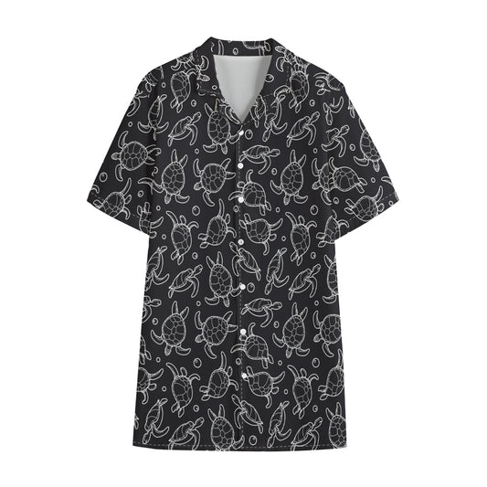 Black And White Sea Turtle Pattern Print Cotton Hawaiian Shirt