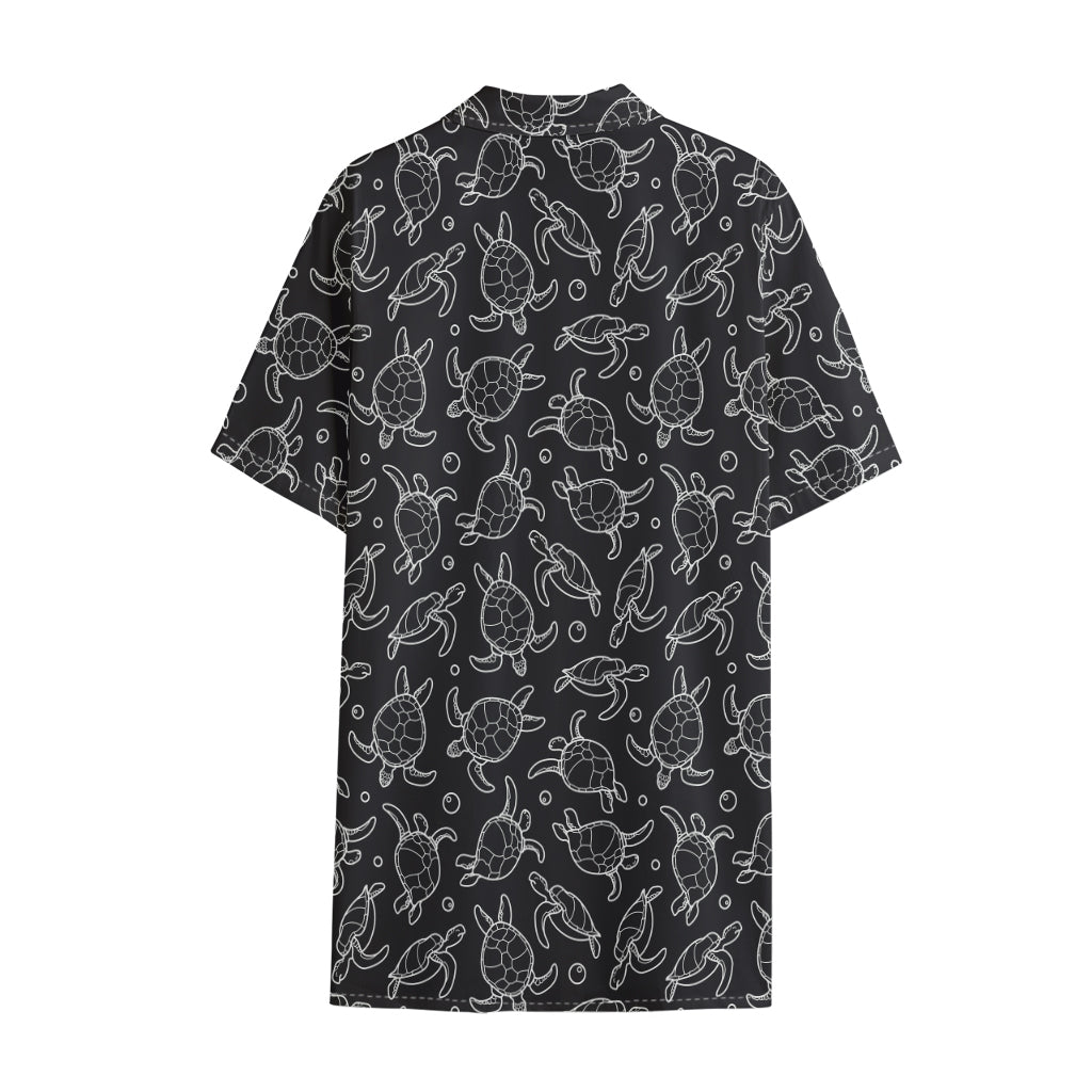 Black And White Sea Turtle Pattern Print Cotton Hawaiian Shirt