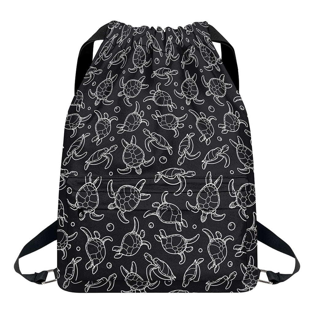 Black And White Sea Turtle Pattern Print Drawstring Backpack