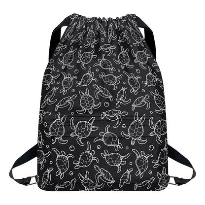 Black And White Sea Turtle Pattern Print Drawstring Backpack