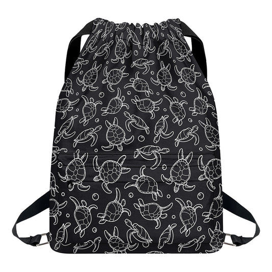 Black And White Sea Turtle Pattern Print Drawstring Backpack
