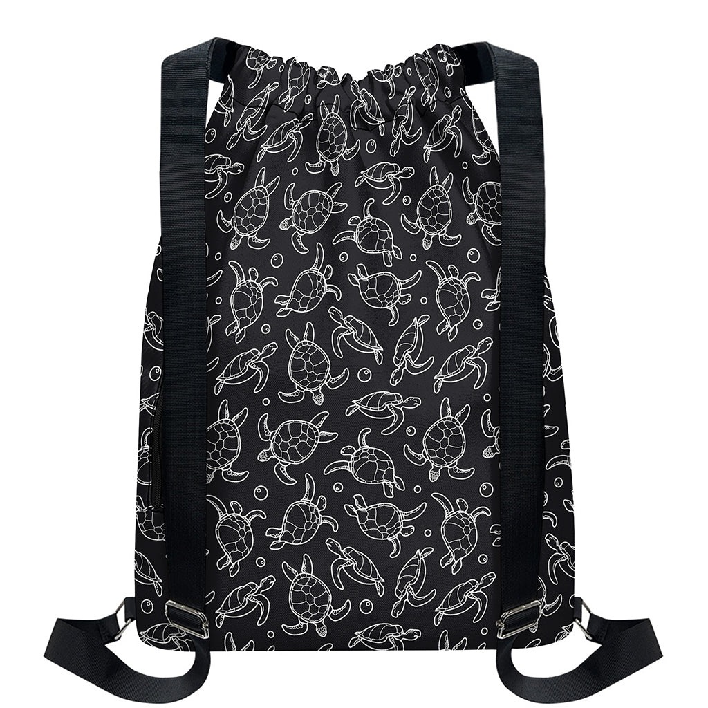 Black And White Sea Turtle Pattern Print Drawstring Backpack