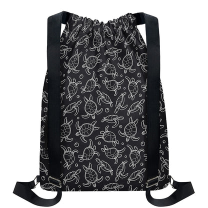 Black And White Sea Turtle Pattern Print Drawstring Backpack