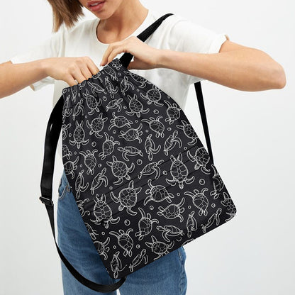 Black And White Sea Turtle Pattern Print Drawstring Backpack