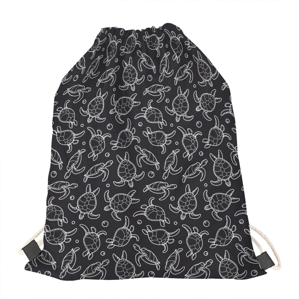 Black And White Sea Turtle Pattern Print Drawstring Bag
