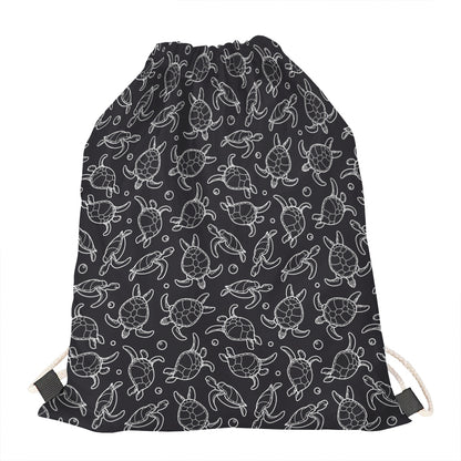 Black And White Sea Turtle Pattern Print Drawstring Bag