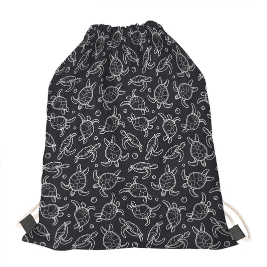 Black And White Sea Turtle Pattern Print Drawstring Bag