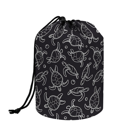 Black And White Sea Turtle Pattern Print Drawstring Makeup Bag