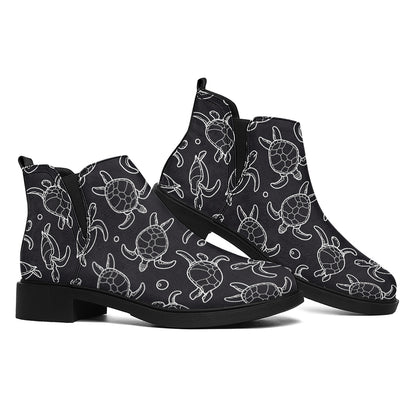 Black And White Sea Turtle Pattern Print Flat Ankle Boots