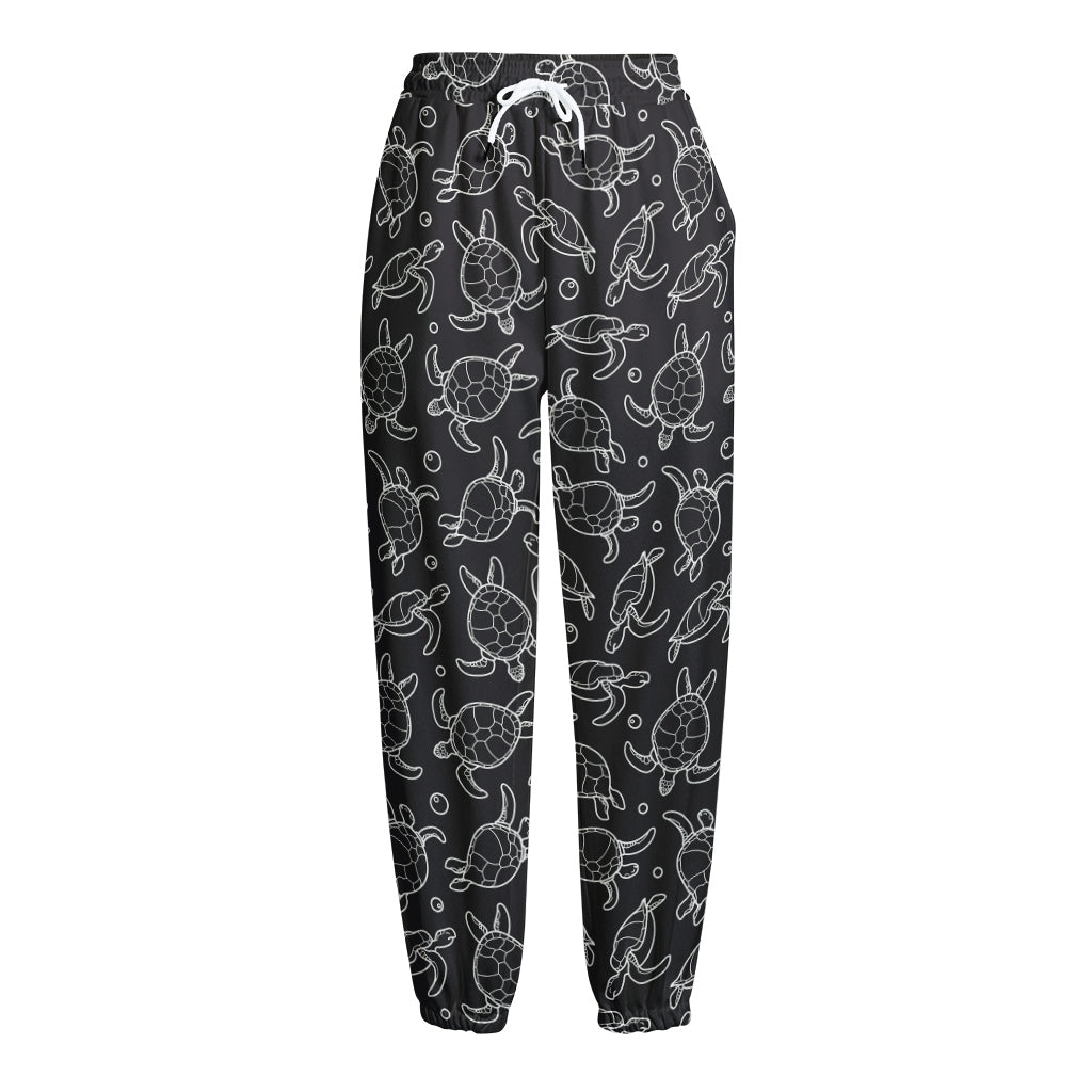 Black And White Sea Turtle Pattern Print Fleece Lined Knit Pants
