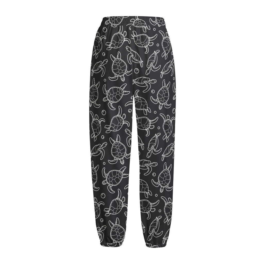 Black And White Sea Turtle Pattern Print Fleece Lined Knit Pants