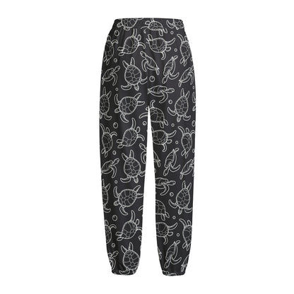 Black And White Sea Turtle Pattern Print Fleece Lined Knit Pants