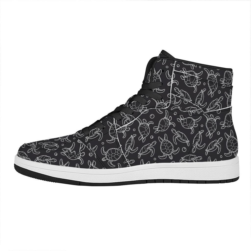 Black And White Sea Turtle Pattern Print High Top Leather Sneakers