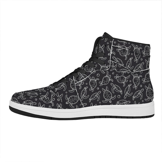 Black And White Sea Turtle Pattern Print High Top Leather Sneakers