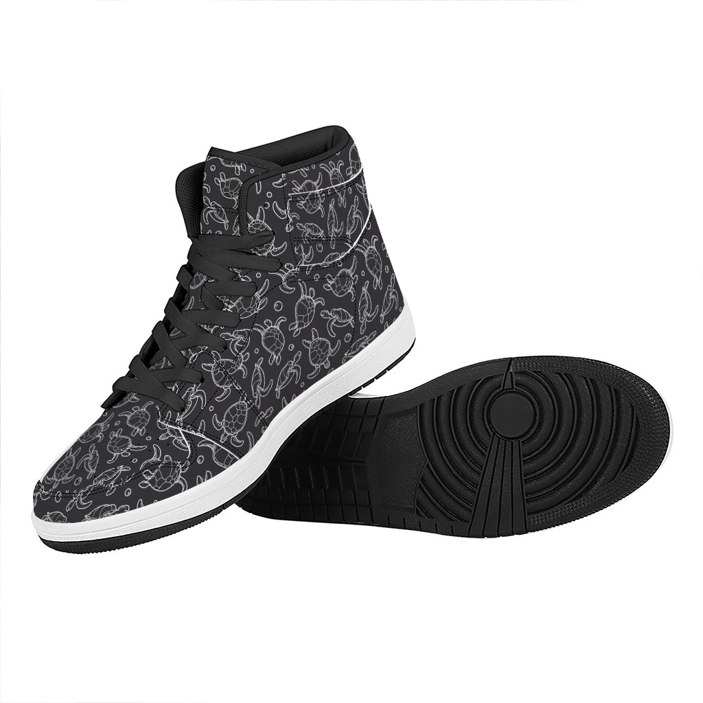 Black And White Sea Turtle Pattern Print High Top Leather Sneakers