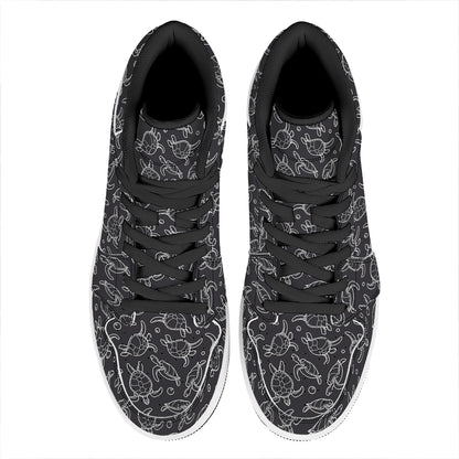 Black And White Sea Turtle Pattern Print High Top Leather Sneakers