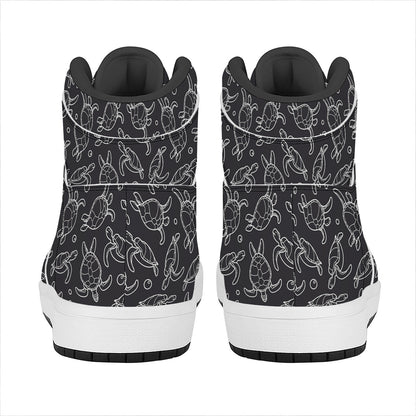 Black And White Sea Turtle Pattern Print High Top Leather Sneakers